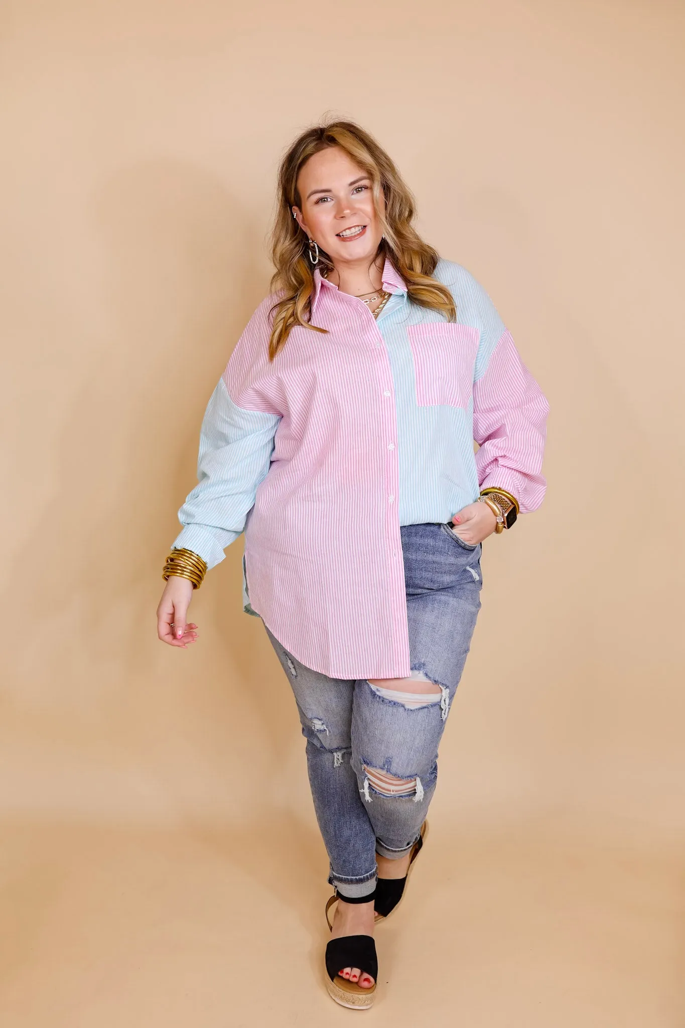 Simply Polished Pin Stripe Long Sleeve Button Up Top in Blue and Pink