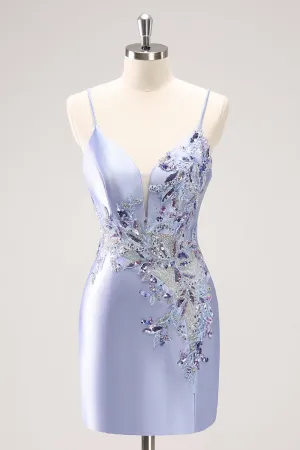 Sparkly Blue Sequined Floral Tight Mini Dress with Beading