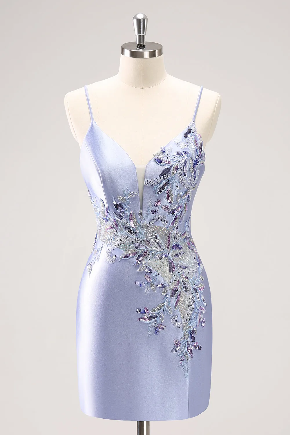 Sparkly Blue Sequined Floral Tight Mini Dress with Beading