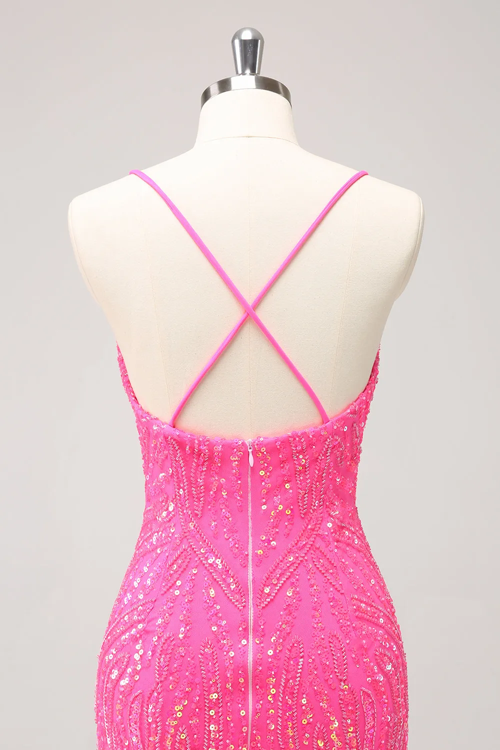 Sparkly Hot Pink Tight Sequins V Neck Mini Dress with Fringes