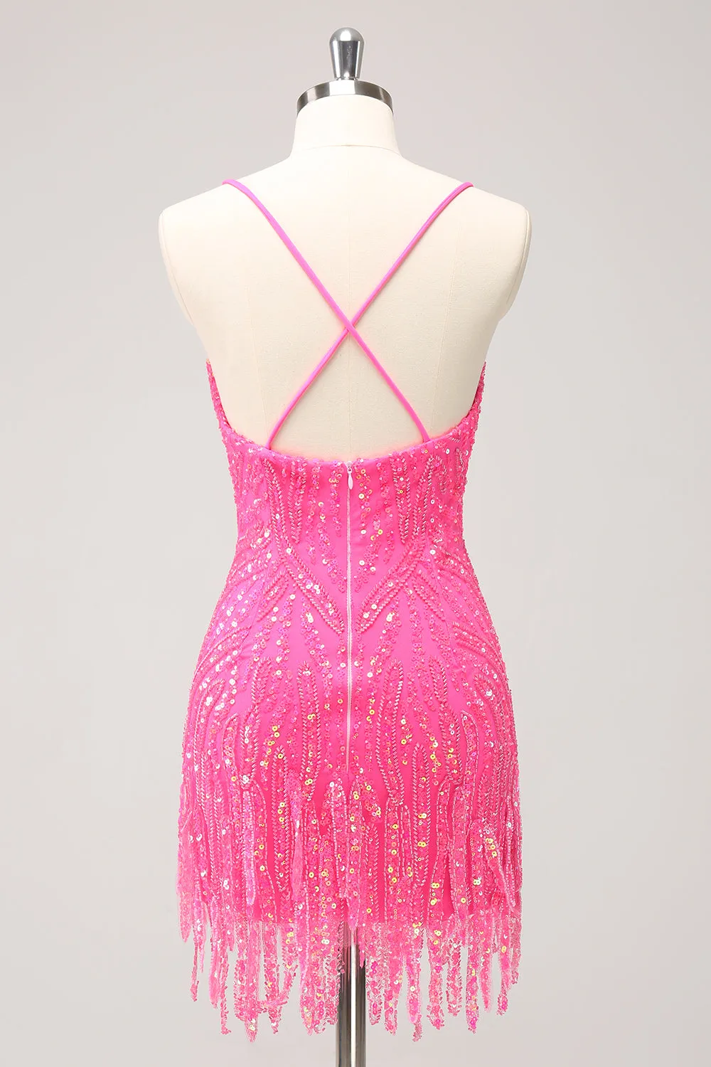 Sparkly Hot Pink Tight Sequins V Neck Mini Dress with Fringes