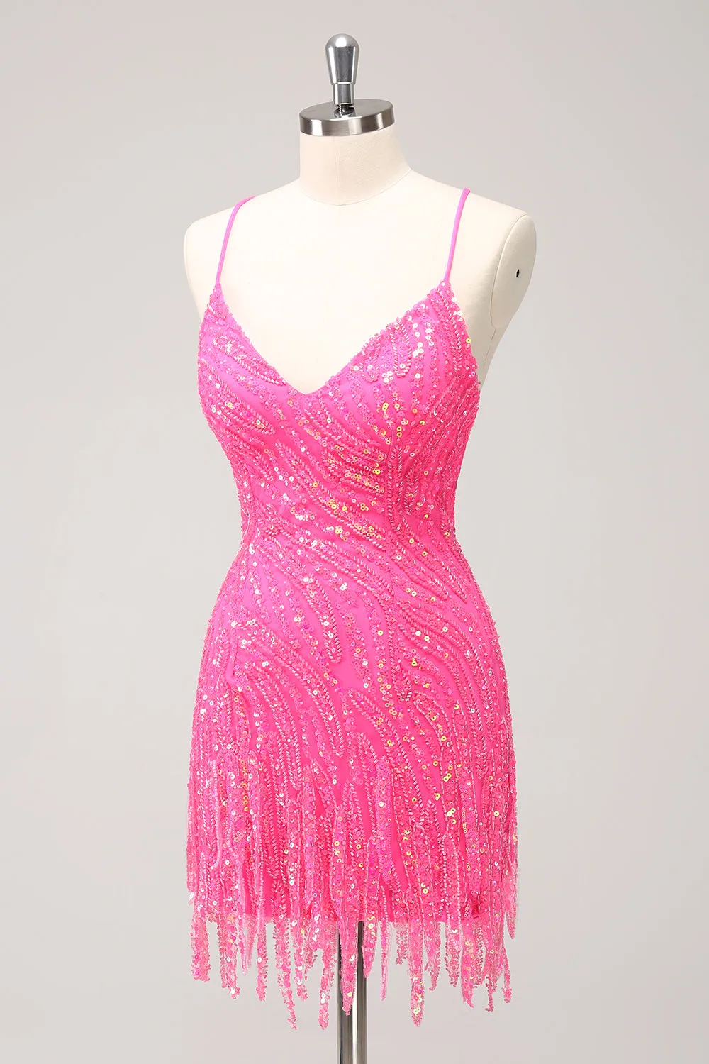 Sparkly Hot Pink Tight Sequins V Neck Mini Dress with Fringes