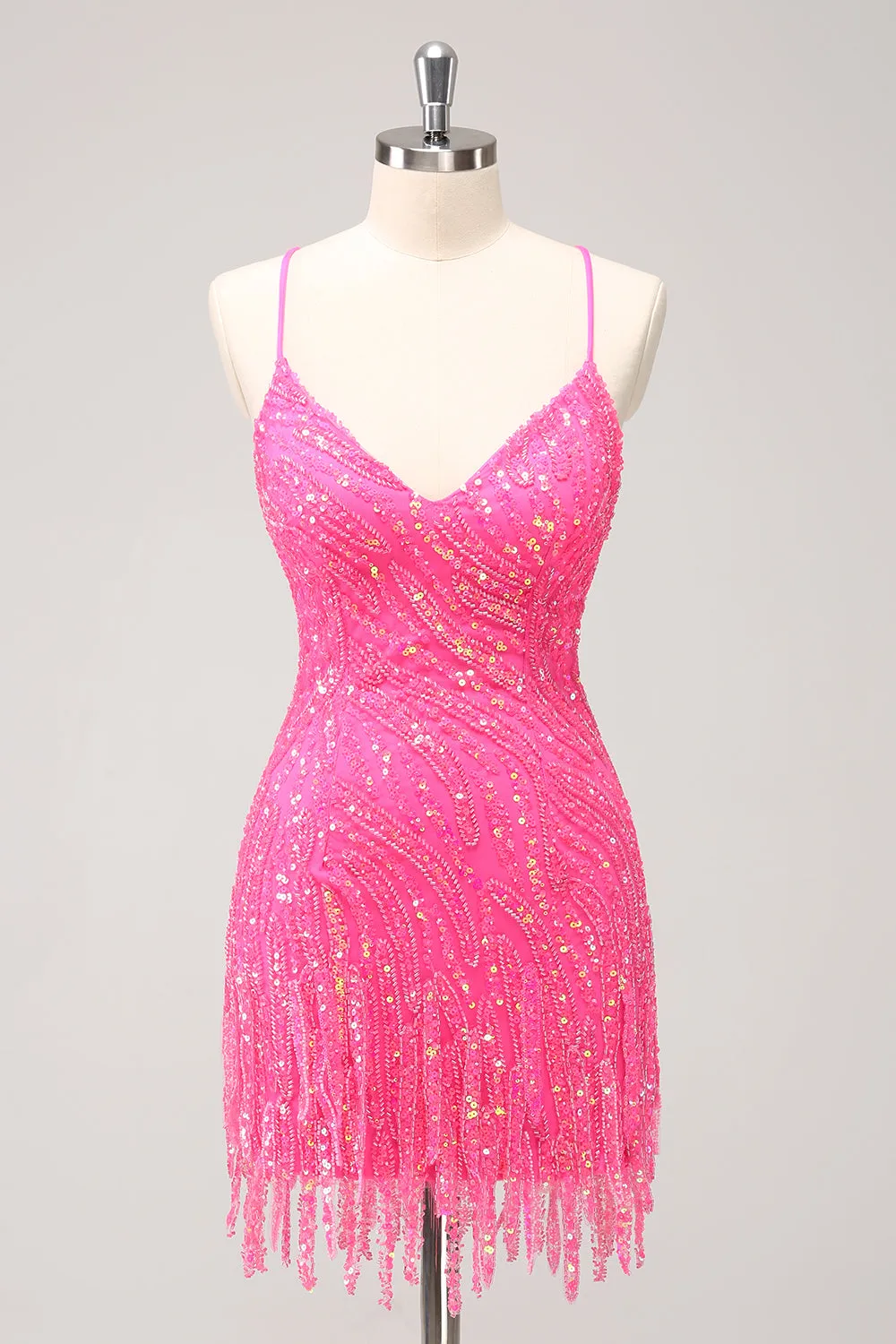 Sparkly Hot Pink Tight Sequins V Neck Mini Dress with Fringes