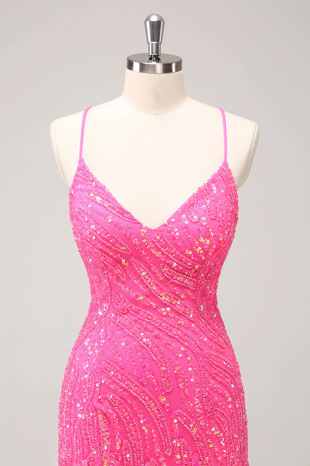 Sparkly Hot Pink Tight Sequins V Neck Mini Dress with Fringes