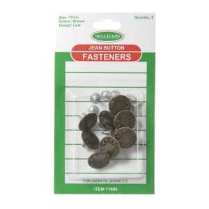 Sullivans Jean Button 8 Pack, Bronze Leaf- 17mm