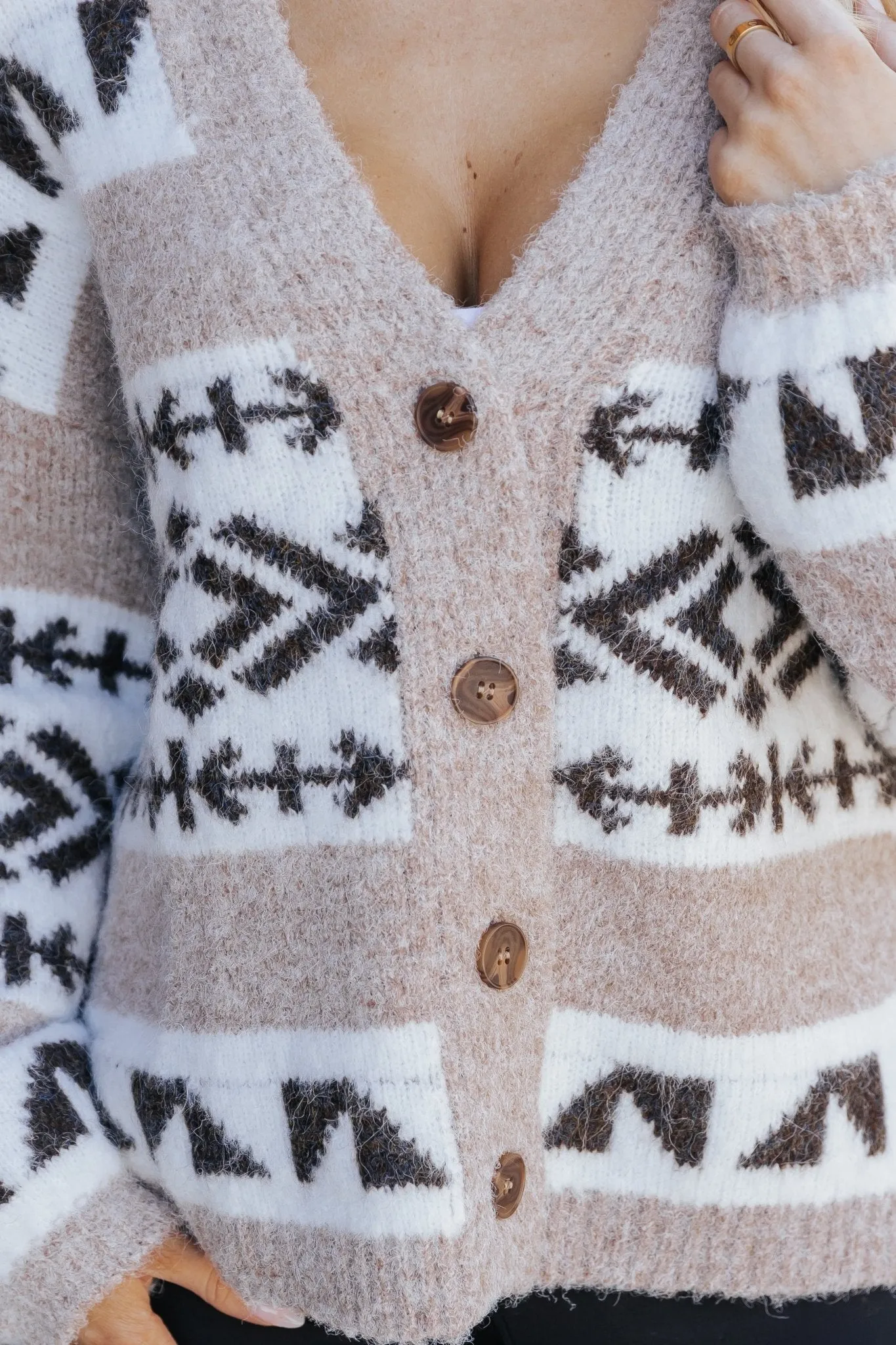 Taupe Aztec Print Buttoned Cardigan