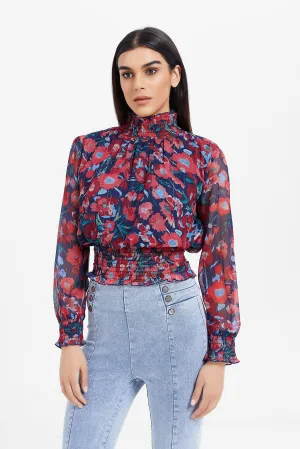 Women Navy Floral Print Blouse