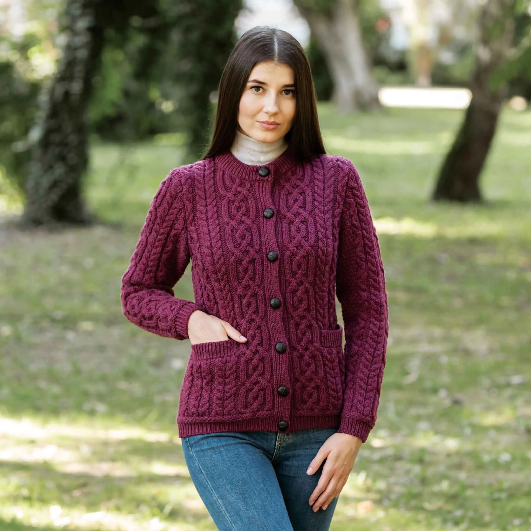 Women's Aran Knit Button Cardigan, Velvet Red