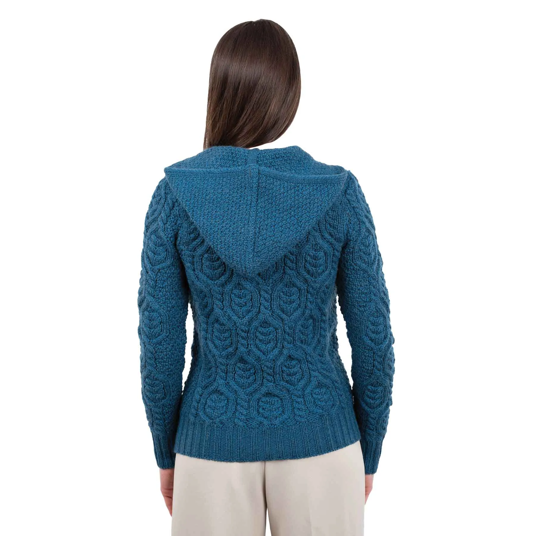 Women's Aran Knit Double Collar Zipped Cardigan, Teal