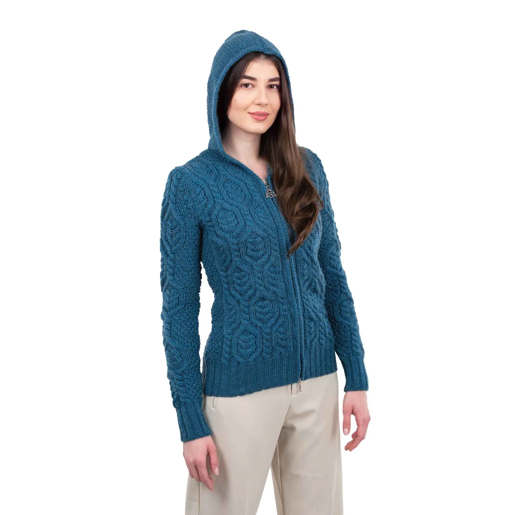 Women's Aran Knit Double Collar Zipped Cardigan, Teal