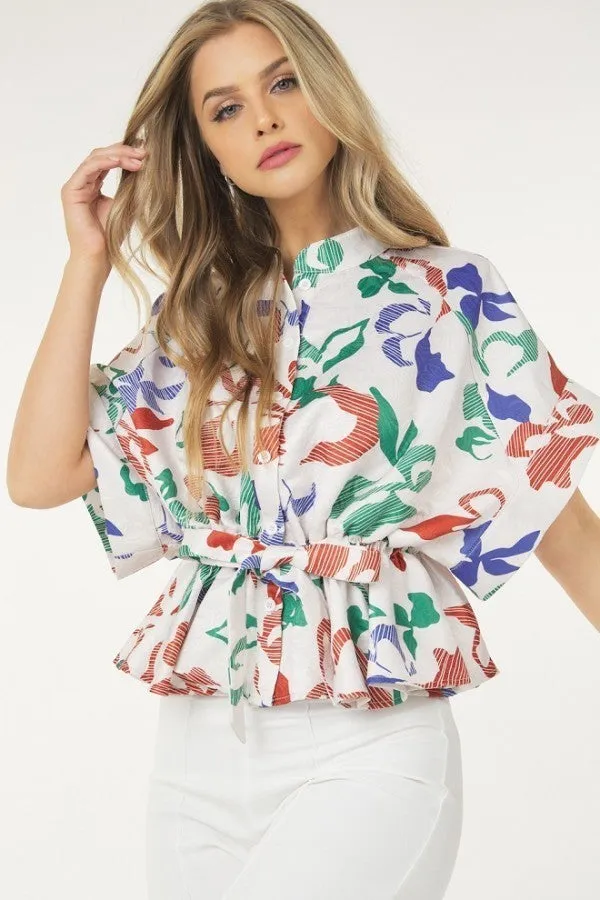 Women's Floral Print Short Sleeve Top With Waist Tie