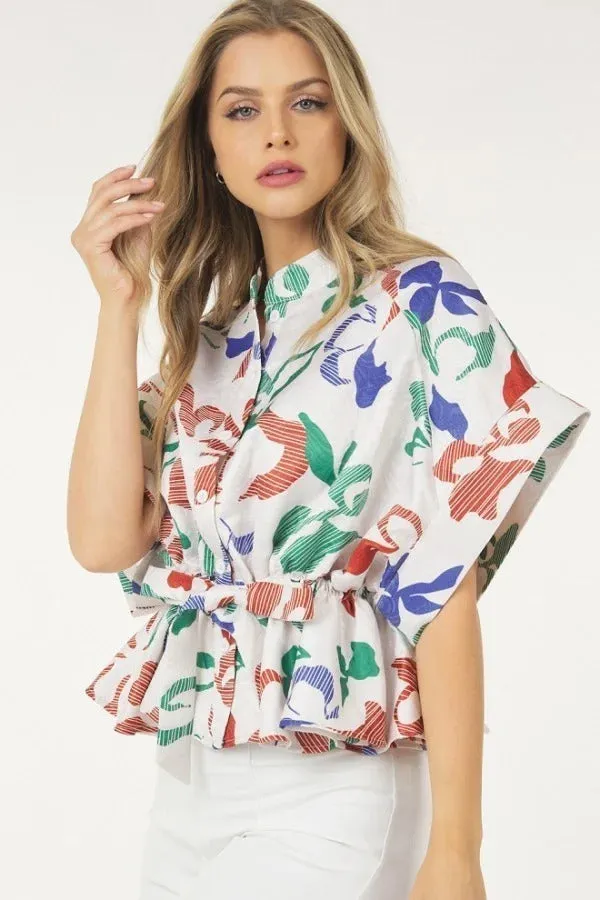 Women's Floral Print Short Sleeve Top With Waist Tie