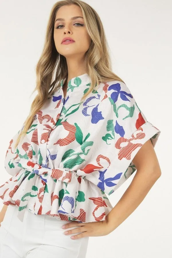 Women's Floral Print Short Sleeve Top With Waist Tie