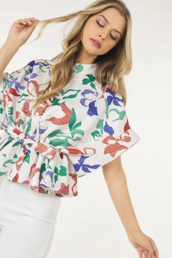 Women's Floral Print Short Sleeve Top With Waist Tie