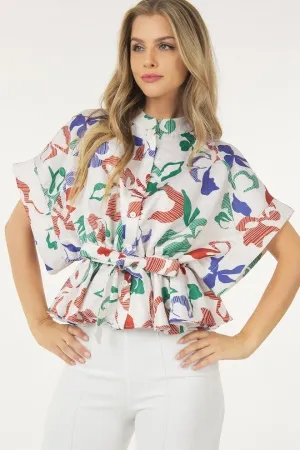 Women's Floral Print Short Sleeve Top With Waist Tie