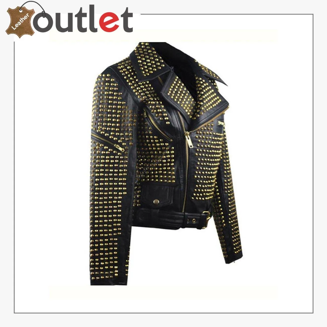 Womens Full Golden Studded Leather Jacket