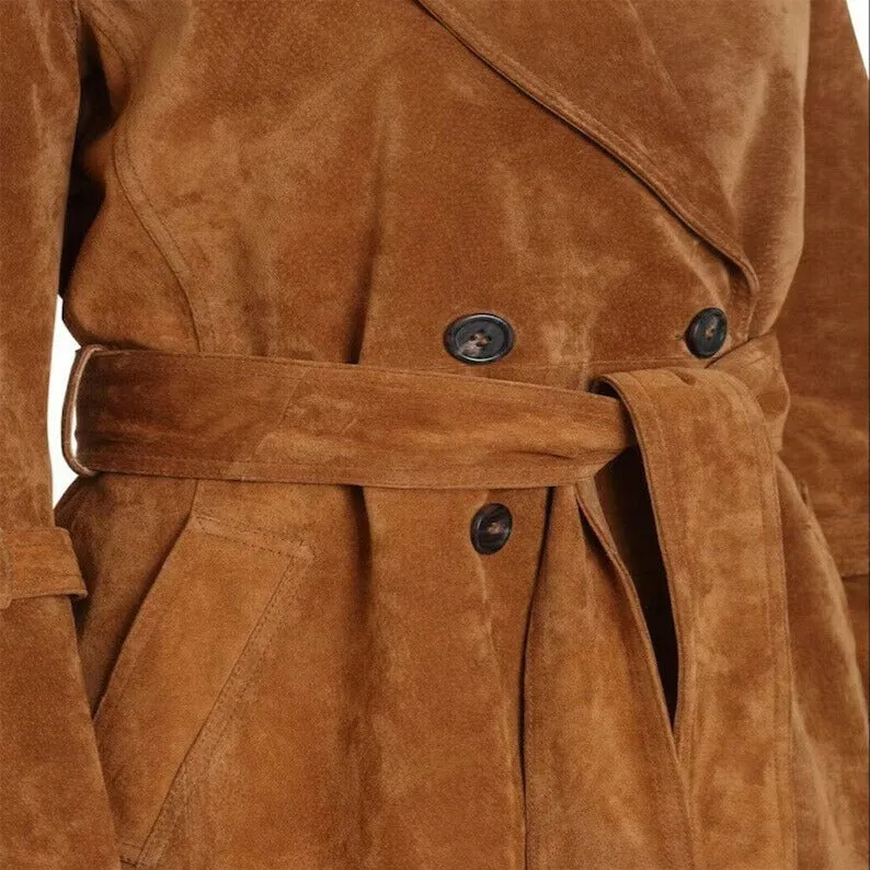 Women’s Genuine Brown Suede Leather Long Trench Coat