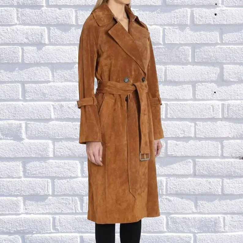 Women’s Genuine Brown Suede Leather Long Trench Coat