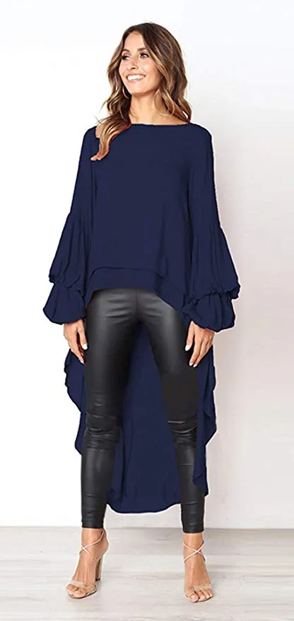 Women's Lantern Long Sleeve Round Neck High Low Asymmetrical Irregular Hem Casual Tops Blouse Shirt Dress