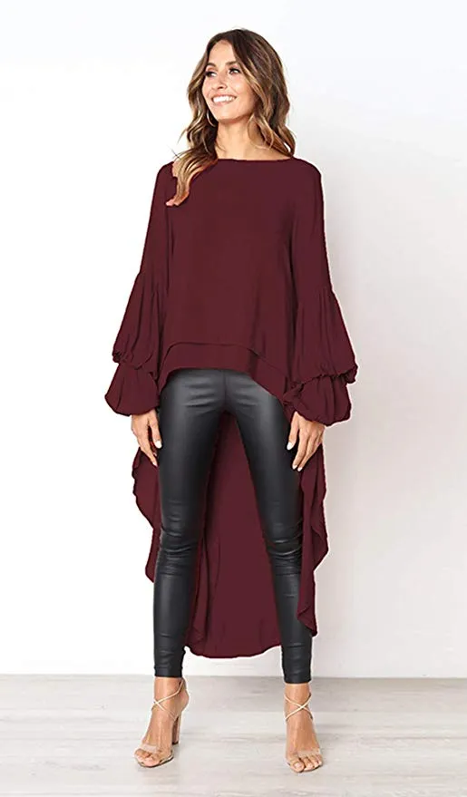 Women's Lantern Long Sleeve Round Neck High Low Asymmetrical Irregular Hem Casual Tops Blouse Shirt Dress