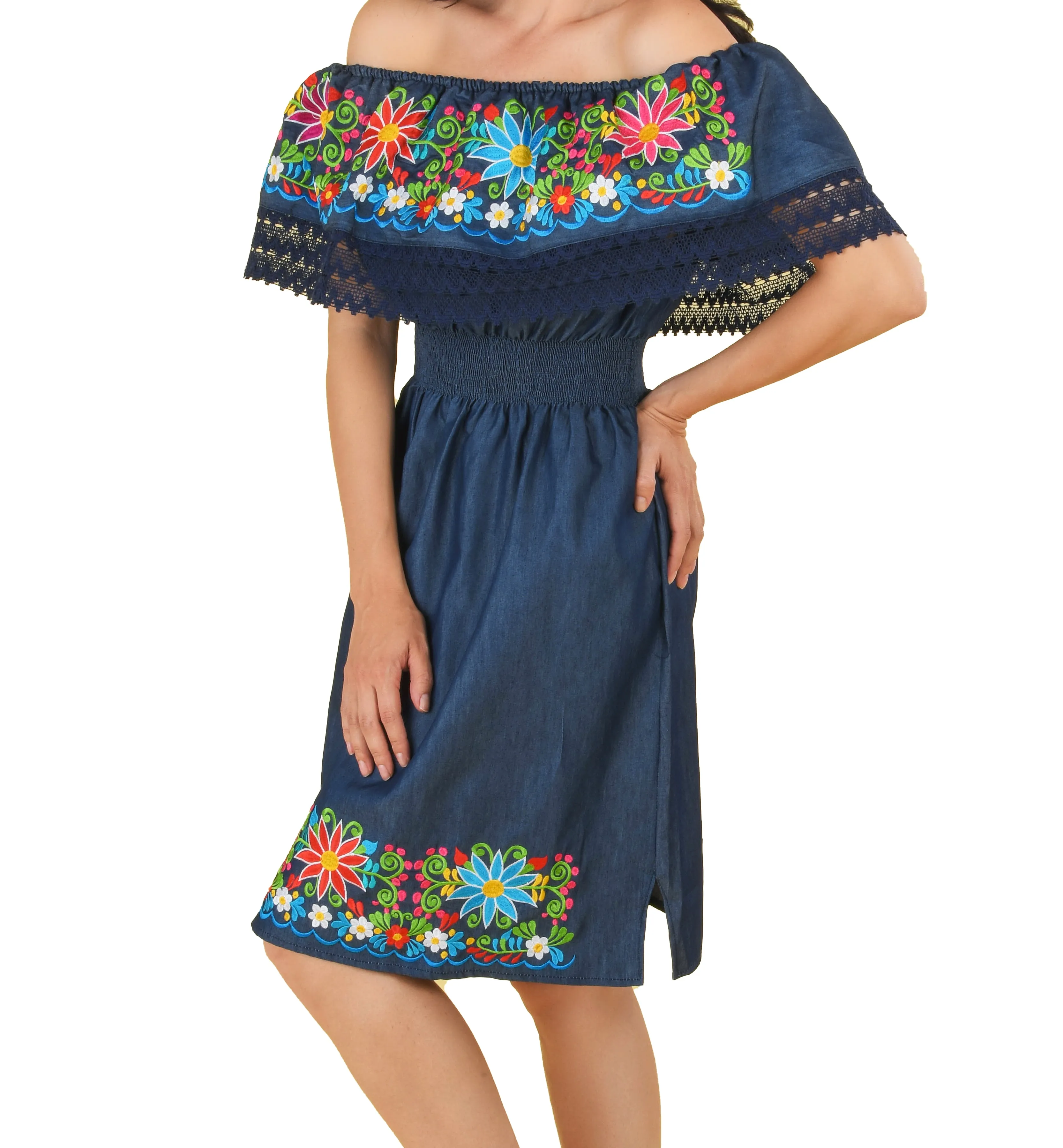 Womens Traditional Embroidered Manta Off Shoulder Dress Floral Navy