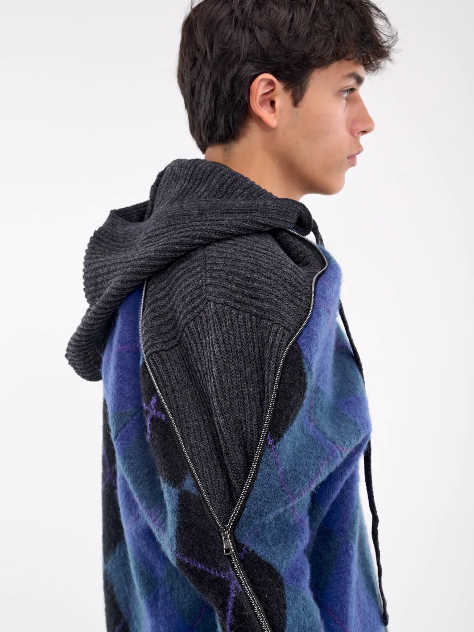 Zip Insert Hood Pullover (206SW005-Y64-BLUE-GREY-ARGYLE)