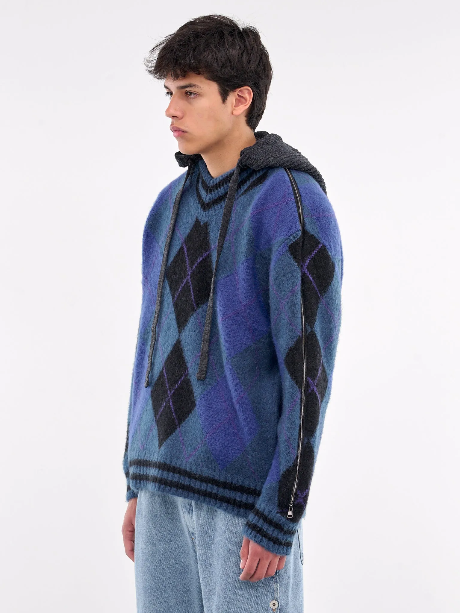 Zip Insert Hood Pullover (206SW005-Y64-BLUE-GREY-ARGYLE)